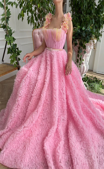 RP189-Pink A-Line Spaghetti Pleated Ruffles Long Prom Evening Dresses Formal Party Gowns