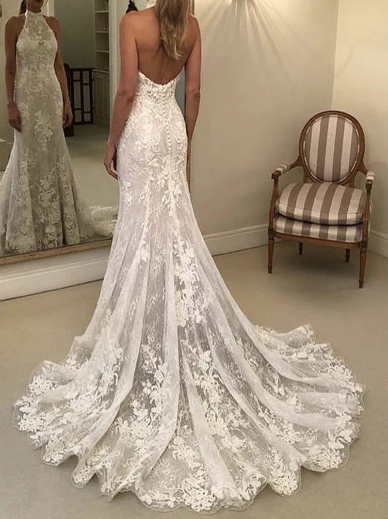 Sexy Mermaid Wedding Dresses High Neck Appliques Lace Beads Sleeveless Covered Buttons Lace Bridal Gowns Custom Made