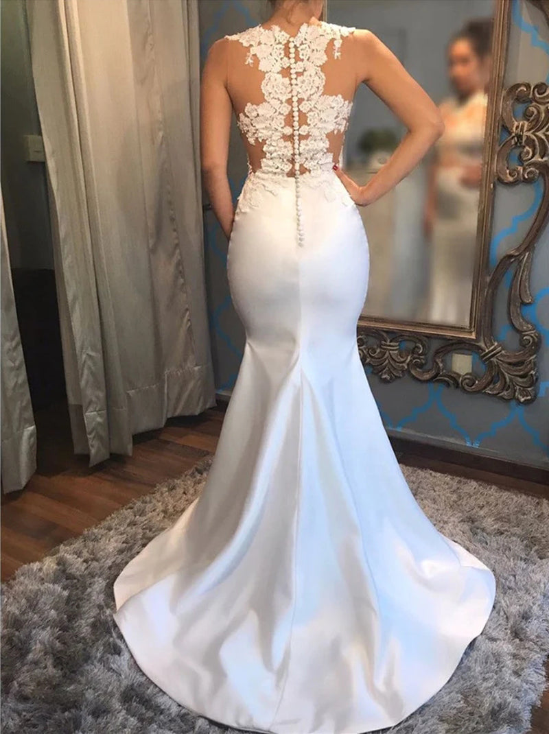 Elegant Mermaid Wedding Dresses Jewel Appliqued Pleated Sleeveless Covered Buttons Satin Sweep Train Bridal Gowns Custom Made