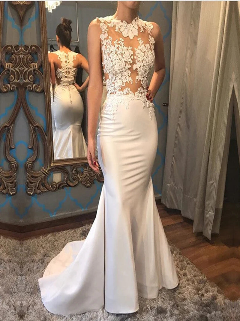 Elegant Mermaid Wedding Dresses Jewel Appliqued Pleated Sleeveless Covered Buttons Satin Sweep Train Bridal Gowns Custom Made