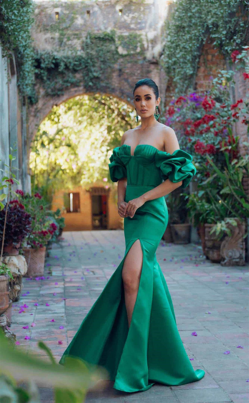 RP063-Sexy Green Mermaid Off the Shoulder High Slit Puffy Sleeves Backless Satin Long Prom Dresses Formal Party Evening Gowns Custom