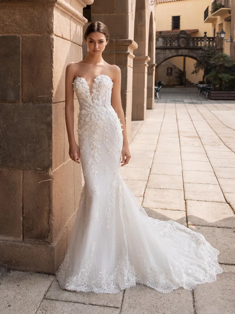 Gorgeous & Charming Mermaid Wedding Dresses Sweetheart Appliqued Beads Sleeveless Tulle Sweep Train Bridal Gowns Custom Made