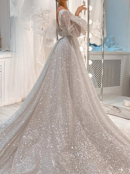 Sparkling A-Line Wedding Dresses Scoop Sequins Long Sleeves Backless Court Train Bridal Gowns Custom Made