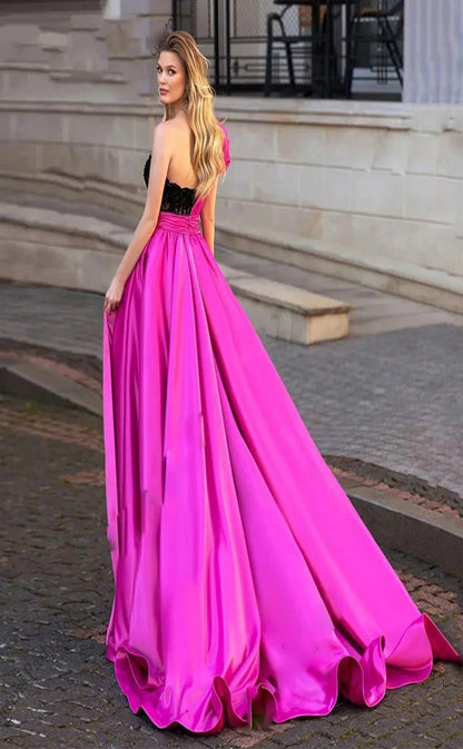 RP061-Hot Pink A-Line One Shoulder Side Slit Sash Pleated Zipper Lace Satin Sweep Train Prom Dresses Formal Party Evening Gowns Custom