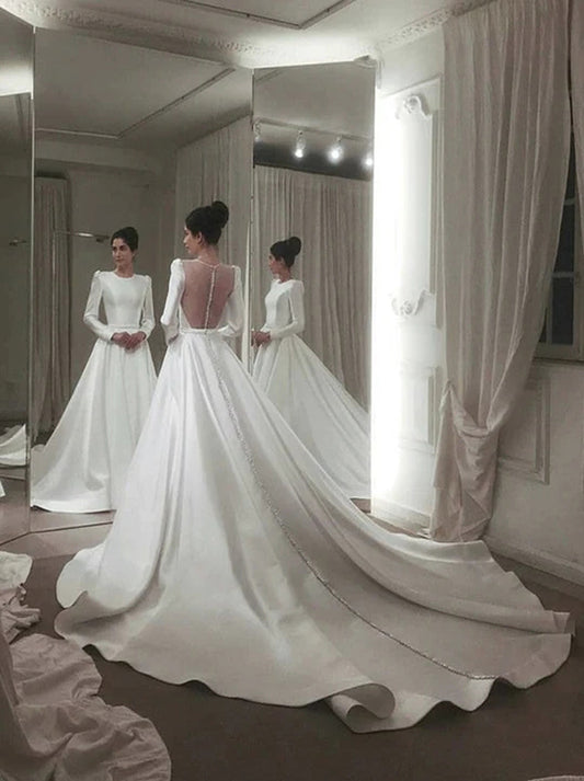 Elegant A-Line Wedding Dresses Scoop Pleated Long Sleeves Covered Buttons Satin Court Train Bridal Gowns Custom Design