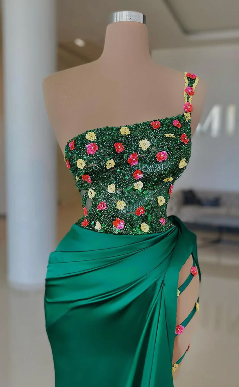 RP606-Elegant Green Mermaid One Shoulder Appliqued Beads Ruched Sweep Train Prom Evening Dresses Formal Party Gowns With Slit