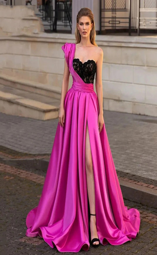 RP061-Hot Pink A-Line One Shoulder Side Slit Sash Pleated Zipper Lace Satin Sweep Train Prom Dresses Formal Party Evening Gowns Custom