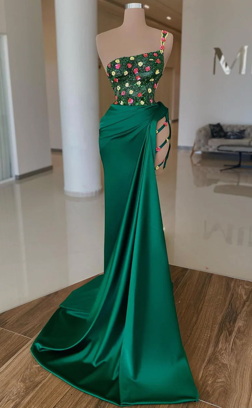 RP606-Elegant Green Mermaid One Shoulder Appliqued Beads Ruched Sweep Train Prom Evening Dresses Formal Party Gowns With Slit