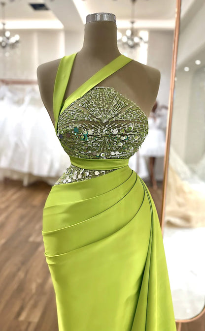 RP607-Charming Apple Green Mermaid One Shoulder Sequins Ruched Floor Length Prom Evening Dresses Formal Party Gowns