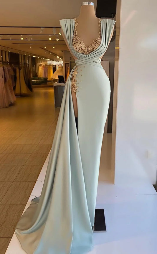 RP608-Elegant Mermaid Sweetheart Ruched Sequins Cap Sleeves Satin Sweep Train Prom Evening Dresses Formal Party Gowns With Slit