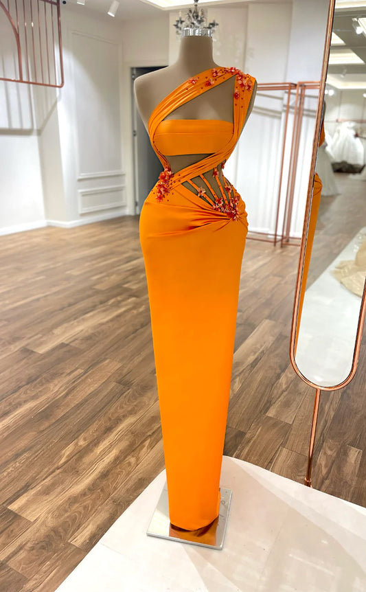 RP609-Charming Orange Mermaid One Shoulder Crystals  Ruched Floor Length Prom Evening Dresses Formal Party Gowns