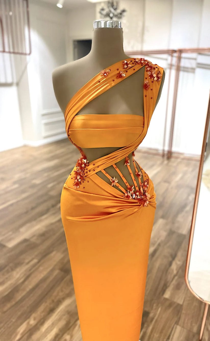 RP609-Charming Orange Mermaid One Shoulder Crystals  Ruched Floor Length Prom Evening Dresses Formal Party Gowns