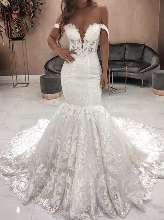 Romantic Mermaid Wedding Dresses Sweetheart Beads Appliqued Cap Sleeveless Sweep Train Lace Bridal Gowns Custom Made