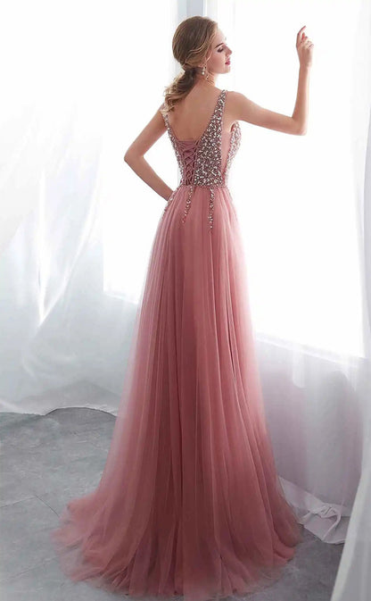 RP045-Gorgeous A-Line Deep V-Neck Beads Sequins Side Split Lace up Back Tulle Long Prom Evening Dresses Formal Party Gowns