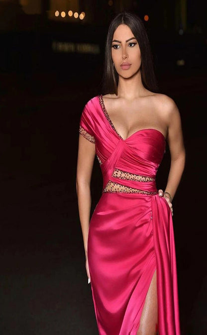 RP031-Fuchsia Sheath One Shoulder Beads Pleated Backless Satin Long Formal Prom Evening Dresses Party Gown With Slit