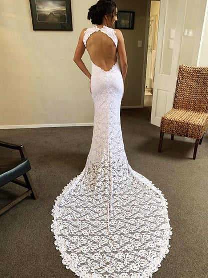 Sexy Mermaid Wedding Dresses Jewel Sleeveless Appliqued Front Slit Backless Court Train Lace Bridal Gowns Custom Made