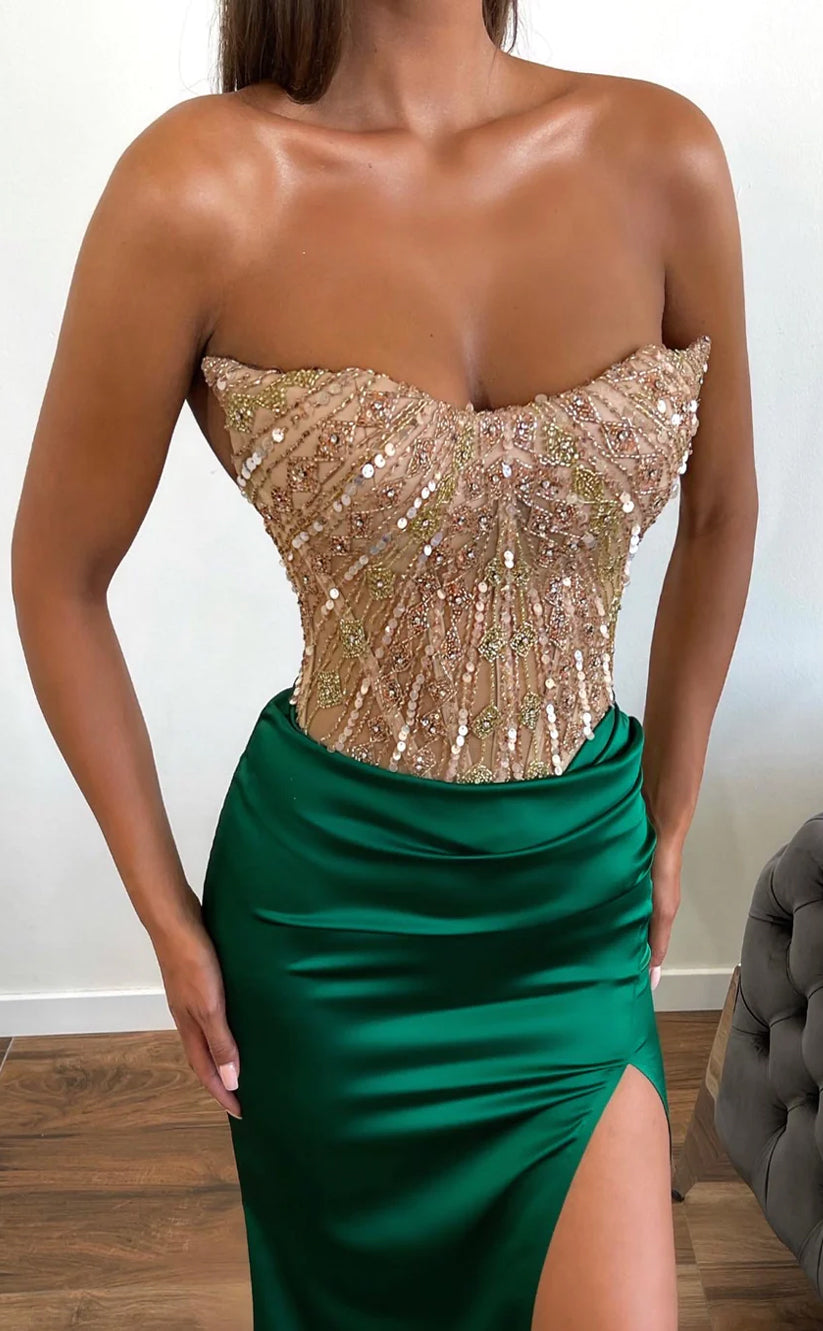 RP610-Sexy Black Mermaid Strapless Beads Sequins Appliqued Sleeveless Long Prom Evening Dresses Formal Party Gowns With Slit