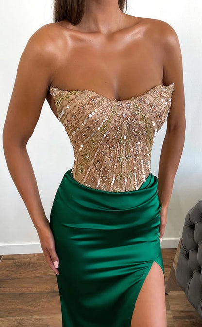 RP610-Sexy Black Mermaid Strapless Beads Sequins Appliqued Sleeveless Long Prom Evening Dresses Formal Party Gowns With Slit
