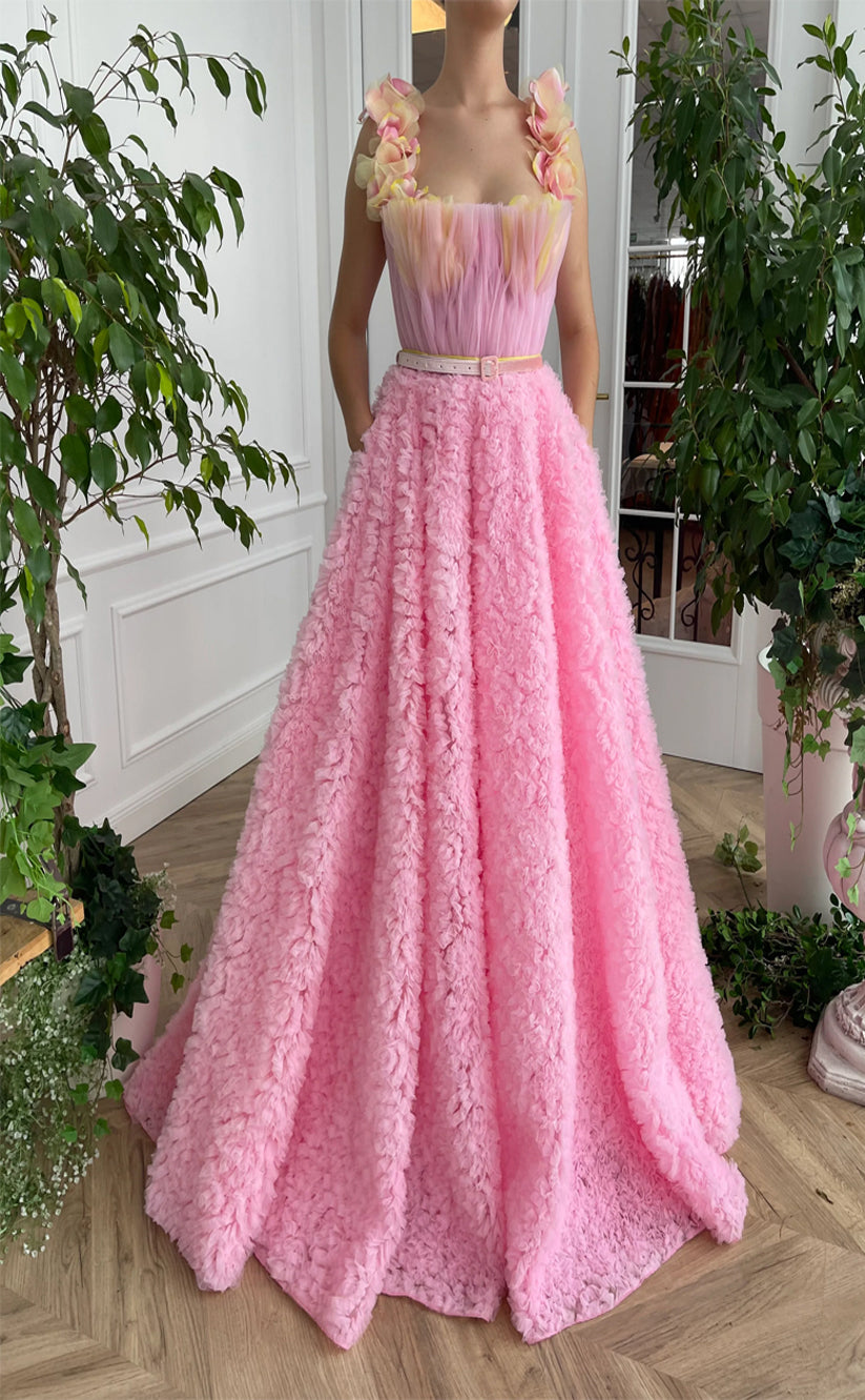 RP189-Pink A-Line Spaghetti Pleated Ruffles Long Prom Evening Dresses Formal Party Gowns