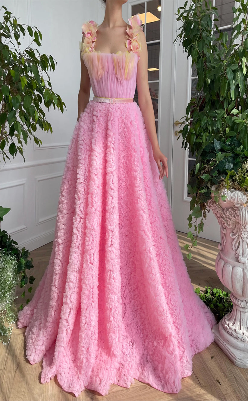 RP189-Pink A-Line Spaghetti Pleated Ruffles Long Prom Evening Dresses Formal Party Gowns