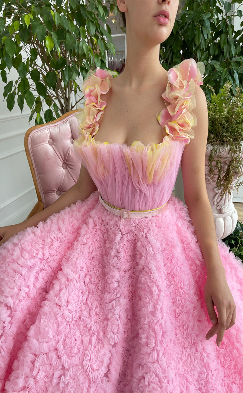 RP189-Pink A-Line Spaghetti Pleated Ruffles Long Prom Evening Dresses Formal Party Gowns