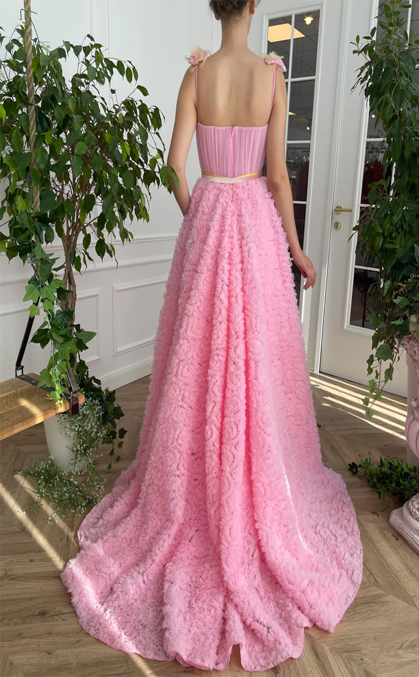 RP189-Pink A-Line Spaghetti Pleated Ruffles Long Prom Evening Dresses Formal Party Gowns