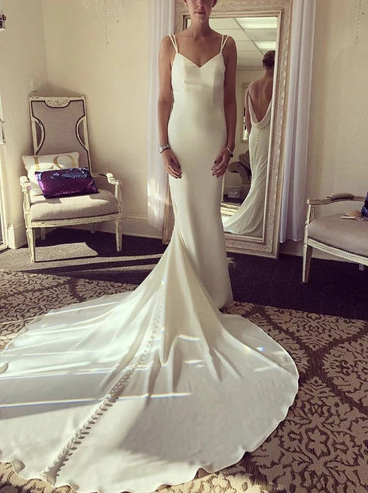 Elegant Mermaid Wedding Dresses Spaghetti Pleated Sleeveless Court Train Satin Bridal Gowns Custom Made