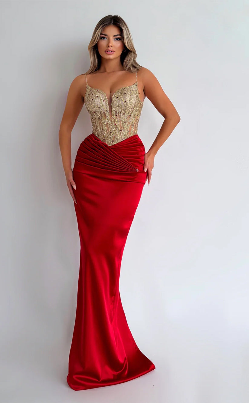 RP611-Luxury Mermaid Spaghetti Beads Sequins Ruched Sleeveless Long Prom Evening Dresses Formal Party Gowns