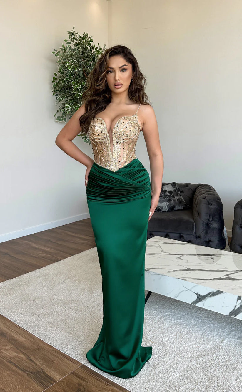 RP611-Luxury Mermaid Spaghetti Beads Sequins Ruched Sleeveless Long Prom Evening Dresses Formal Party Gowns