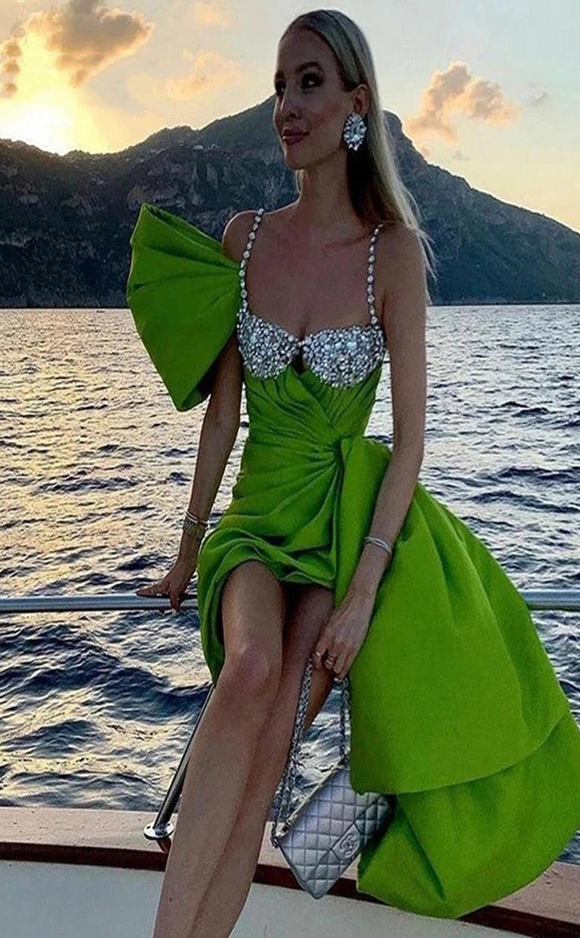 RP028-Green Sheath Spaghetti Strap Beaded Crystals Pleated Bow Satin Short Summer Formal Prom Cocktail Dresses Party Gowns