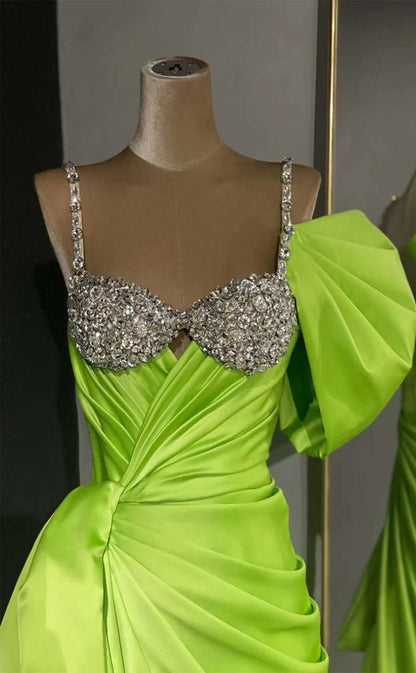 RP028-Green Sheath Spaghetti Strap Beaded Crystals Pleated Bow Satin Short Summer Formal Prom Cocktail Dresses Party Gowns