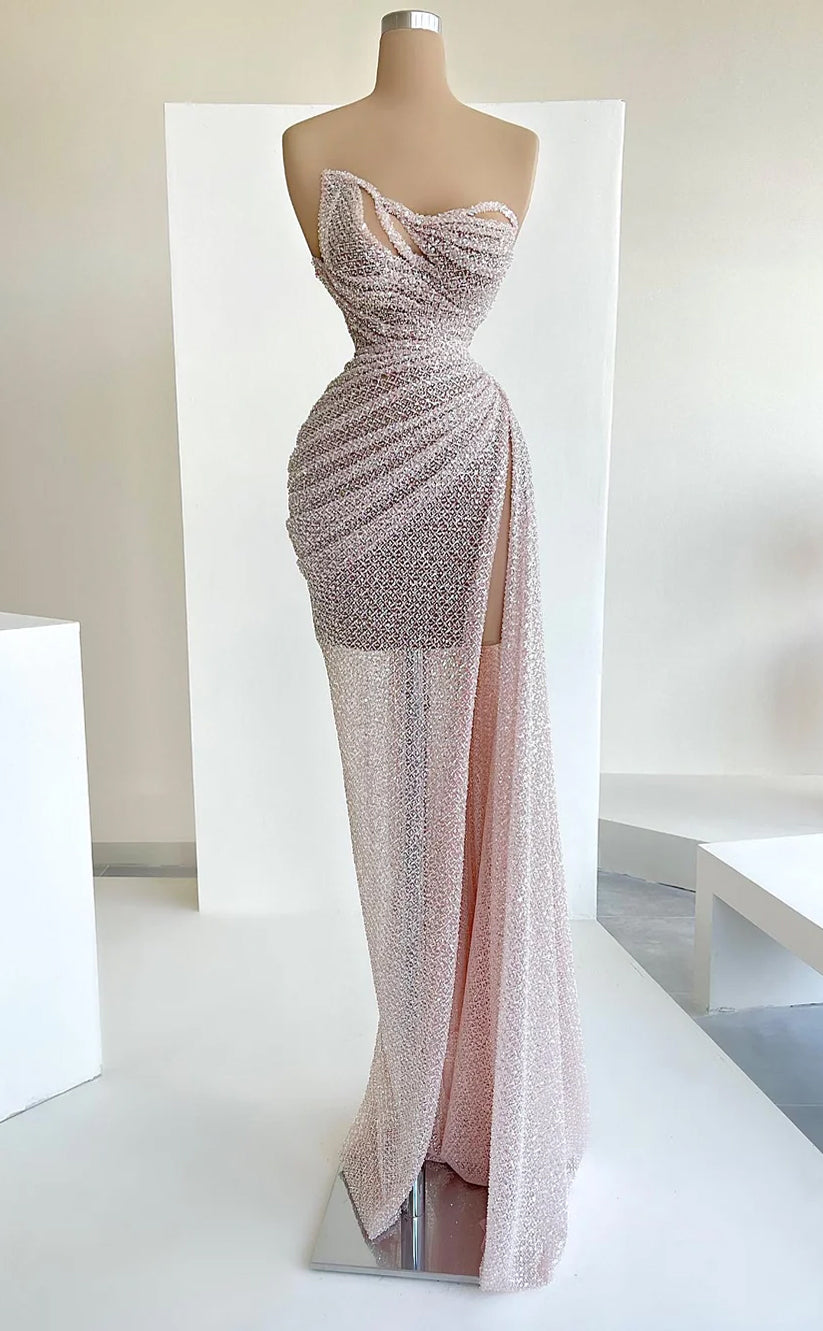 RP616-Sparkling Pink Mermaid Strapless Beads Sequins Sleeveless Long Prom Evening Dresses Formal Party Gowns With Slit