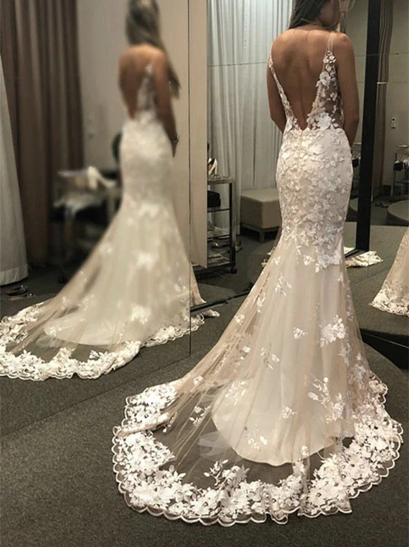 Sexy Mermaid Wedding Dresses Spaghetti Appliqued Sleeveless Tulle Lace Sweep Train Bridal Gowns Custom Made