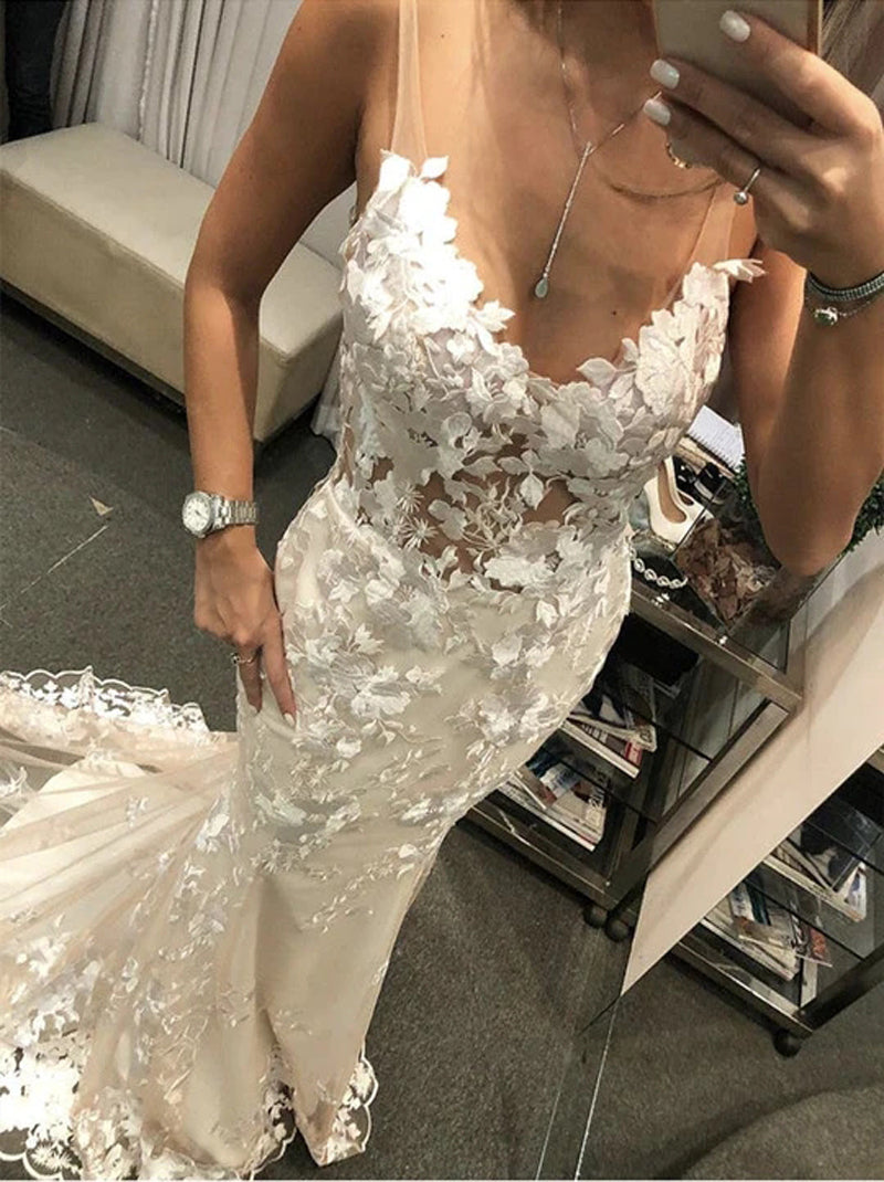 Sexy Mermaid Wedding Dresses Spaghetti Appliqued Sleeveless Tulle Lace Sweep Train Bridal Gowns Custom Made