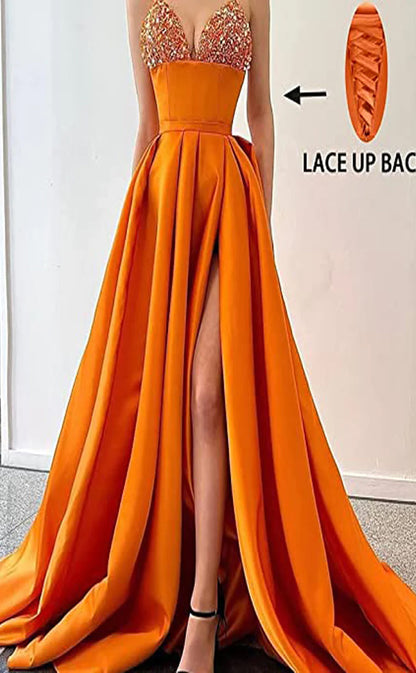 RP026-Elegant Orange A-Line Spaghetti Strap Beads Pleates Lace Up Back Satin Long Formal Prom Evening Dresses Special Party Gown With Slit