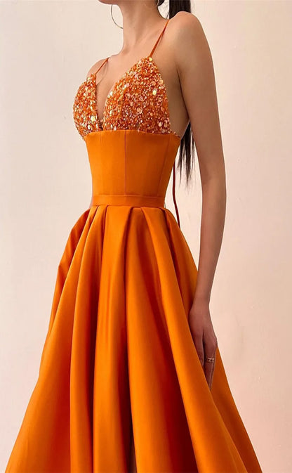 RP026-Elegant Orange A-Line Spaghetti Strap Beads Pleates Lace Up Back Satin Long Formal Prom Evening Dresses Special Party Gown With Slit