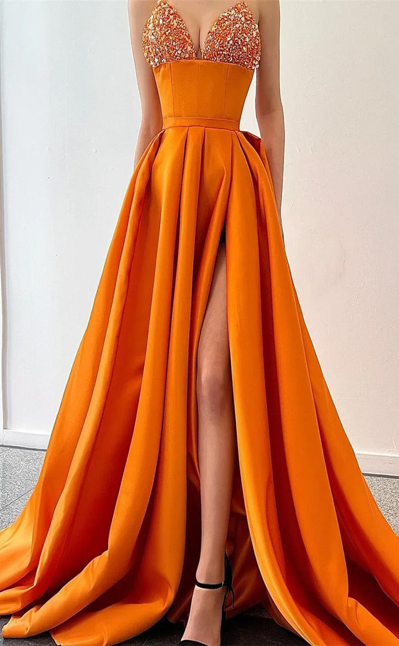 RP026-Elegant Orange A-Line Spaghetti Strap Beads Pleates Lace Up Back Satin Long Formal Prom Evening Dresses Special Party Gown With Slit