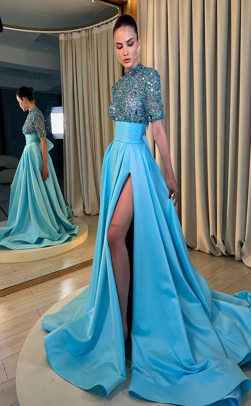 RP025-Sky Blue A-Line Small Collar Beads Half Sleeves Sweep Train Long Formal Prom Evening Dresses Party Gowns With Side Slit