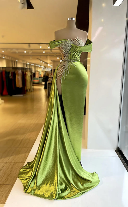 RP617-Sparkling Green Mermaid Off-the-Shoulder Beads Sequins Cap Sleeves Long Prom Evening Dresses Formal Party Gowns With Slit