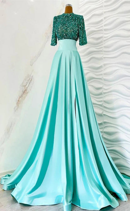 RP025-Sky Blue A-Line Small Collar Beads Half Sleeves Sweep Train Long Formal Prom Evening Dresses Party Gowns With Side Slit