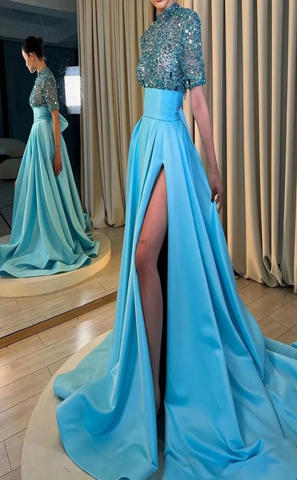 RP025-Sky Blue A-Line Small Collar Beads Half Sleeves Sweep Train Long Formal Prom Evening Dresses Party Gowns With Side Slit