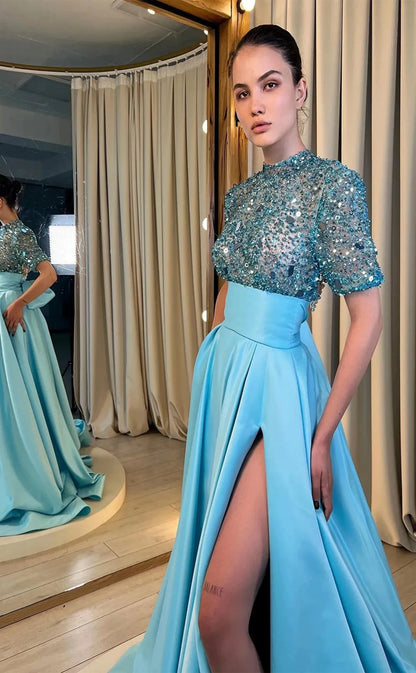 RP025-Sky Blue A-Line Small Collar Beads Half Sleeves Sweep Train Long Formal Prom Evening Dresses Party Gowns With Side Slit