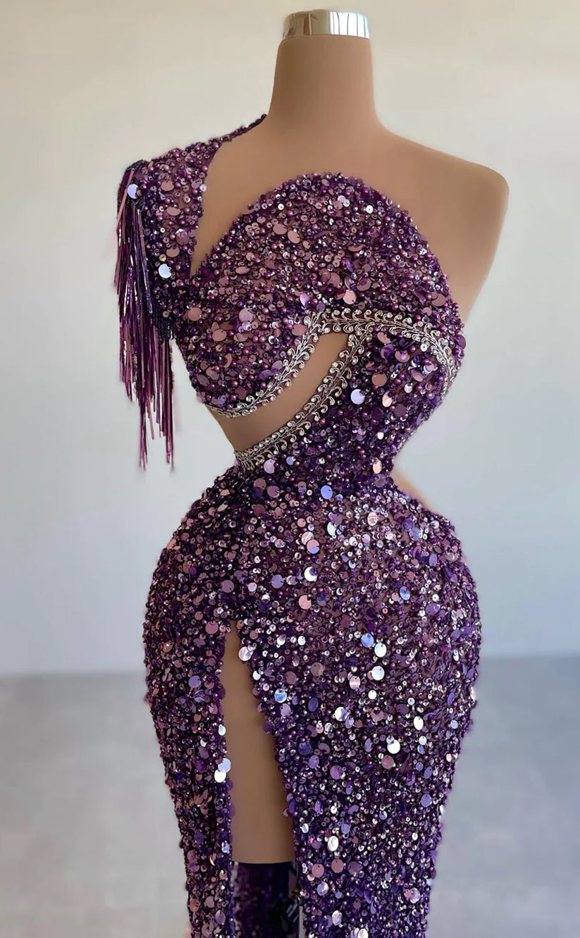 RP619-Sparkling Purple Mermaid One Shoulder Beads Sequins Sleeveless Long Prom Evening Dresses Formal Party Gowns With Slit