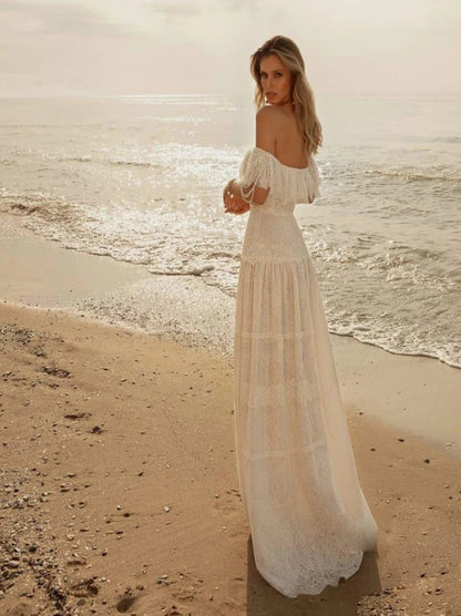 Beach Sheath/Column Wedding Dresses Sweetheart Cap Sleeves Lace Pleated Floor Length Lace Bridal Gowns Custom Made