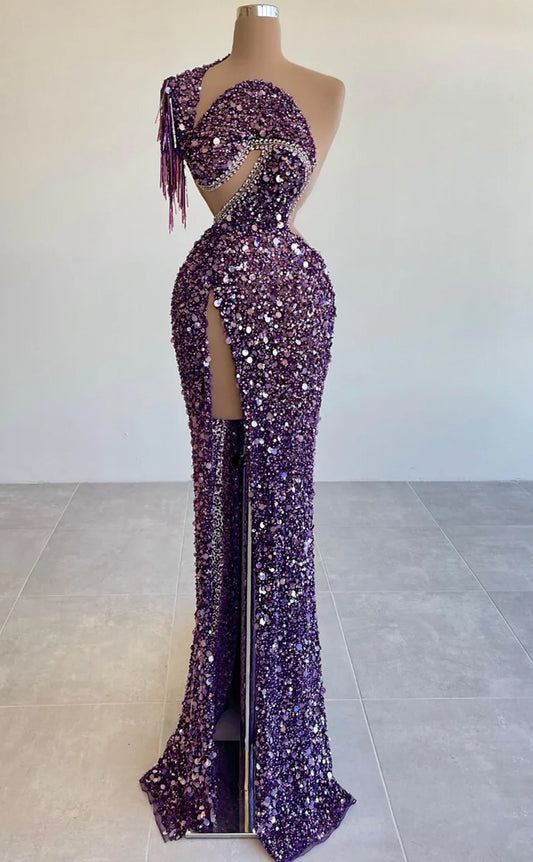 RP619-Sparkling Purple Mermaid One Shoulder Beads Sequins Sleeveless Long Prom Evening Dresses Formal Party Gowns With Slit