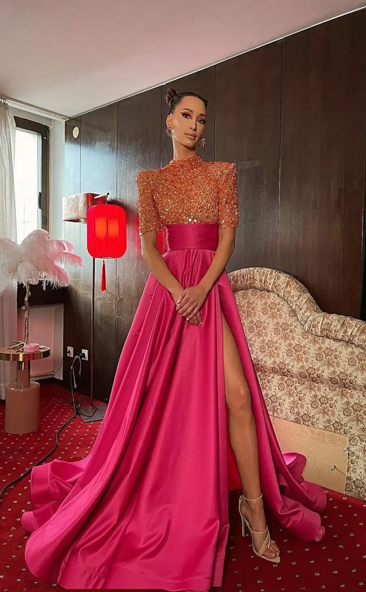 RP123-Hot Pink A-Line Small Collar Beads Half Sleeves Sweep Train Long Formal Prom Evening Dresses Party Gowns With Side Slit