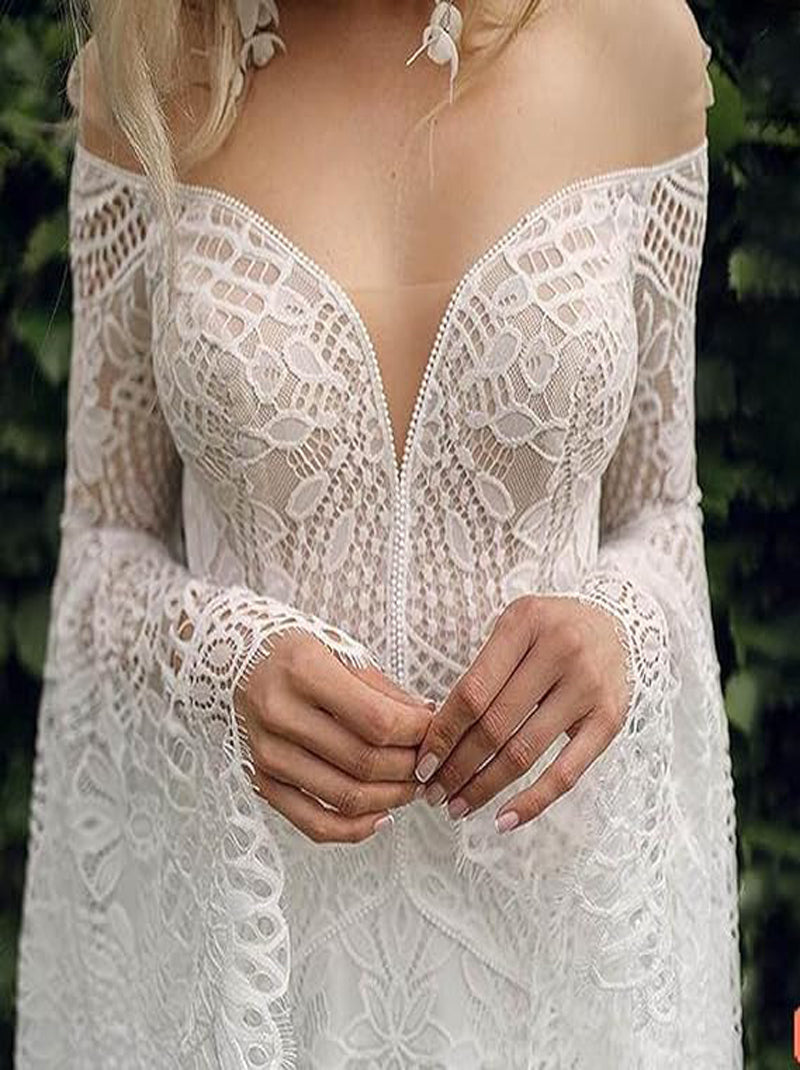 Charming A-Line Wedding Sweetheart Batwing Long Sleeves Lace Sweep Train Lace Bridal Gowns Custom Made