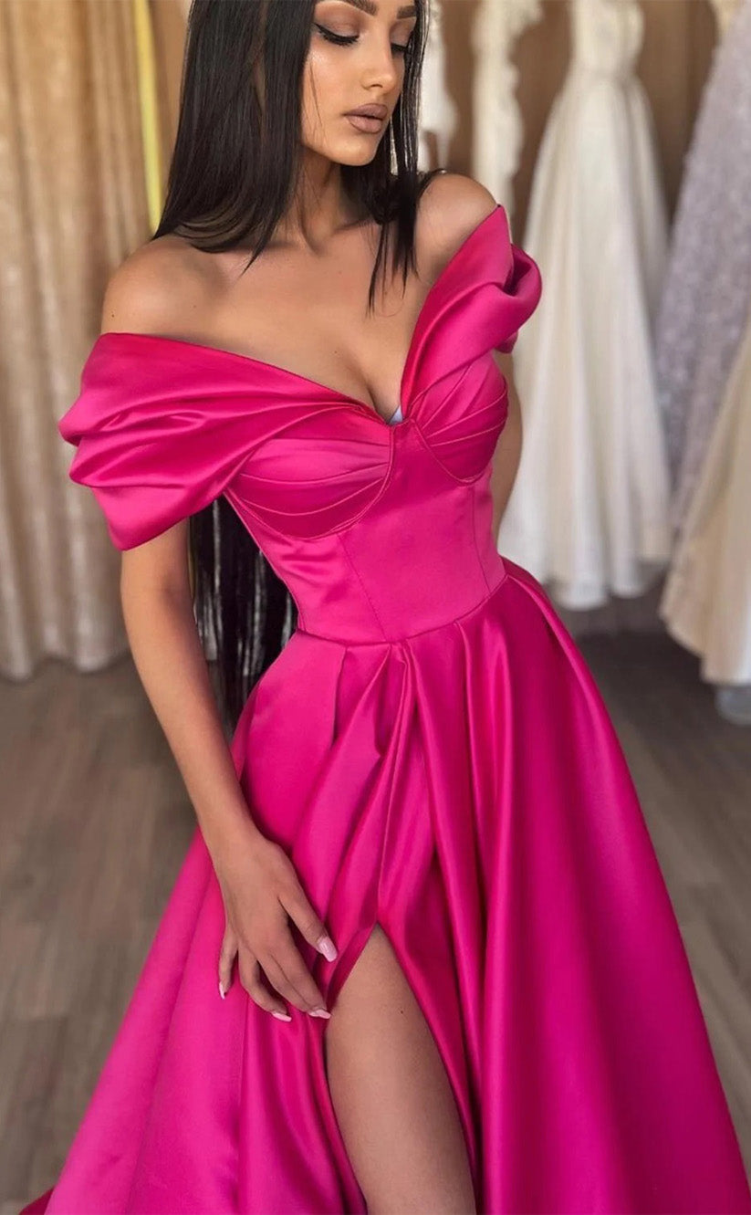 RP124-Hot Pink A-Line Sweetheart Pleated Cap Sleeves Sweep Train Long Formal Prom Evening Dresses Party Gowns With Side Slit