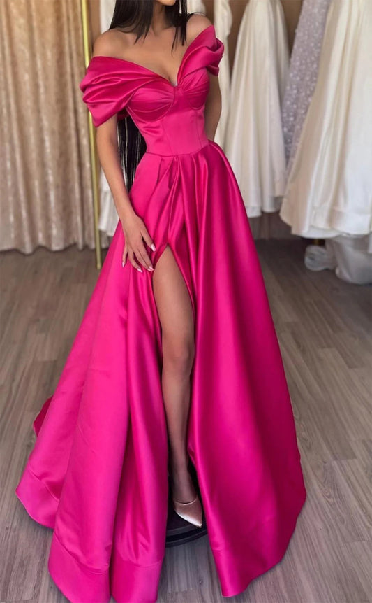 RP124-Hot Pink A-Line Sweetheart Pleated Cap Sleeves Sweep Train Long Formal Prom Evening Dresses Party Gowns With Side Slit
