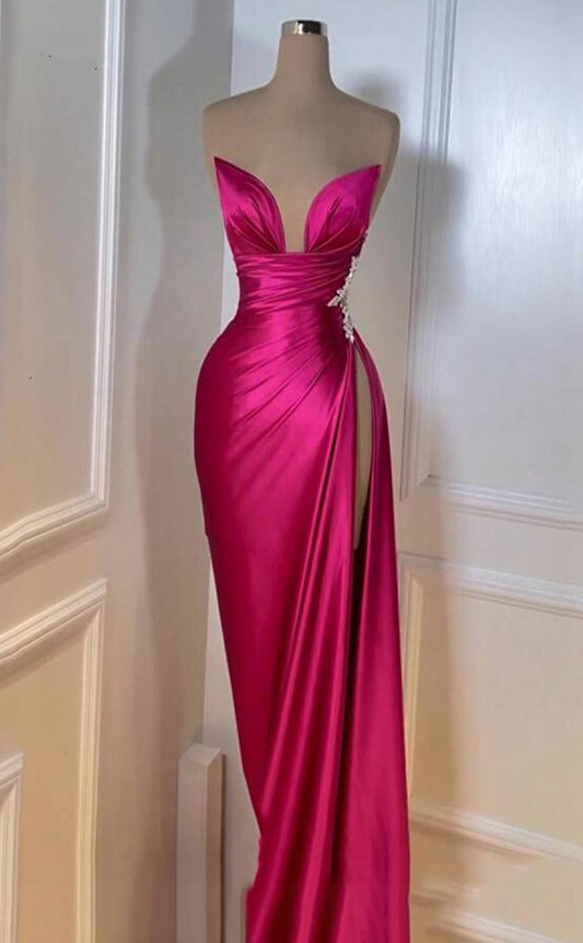 RP023-Hot Pink Mermaid Sweetheart Beads Pleated Crystals Long Satin Prom Evening Dresses Formal Party Gowns With Slit